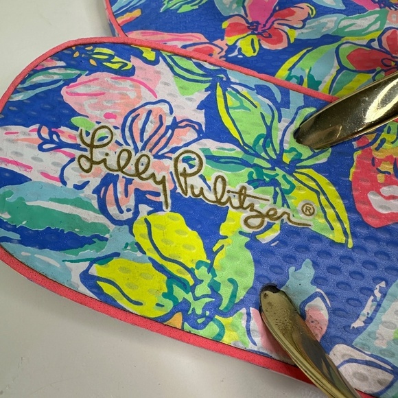 Lilly Pulitzer Flip Flops Women 9/10 Gold Straps w/Pink & Blue - Picture 11 of 14